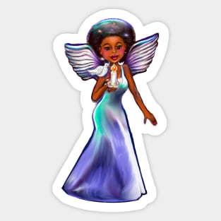 Angel with dove and candle. Black angel of peace ! With glow, Afro hair, brown eyes, Cherry pink lips and dark brown skin. Hair love ! Sticker